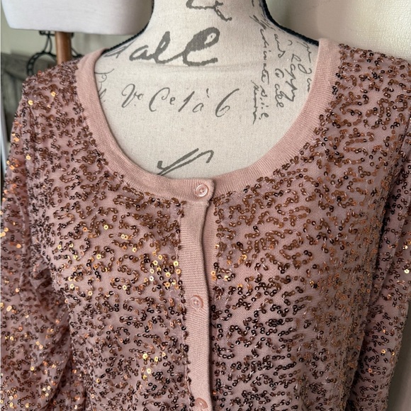 American Eagle Outfitters Rose Gold Sequin Shimmer Sparkle 3/4 Sleeve Cardigan - Picture 7 of 9